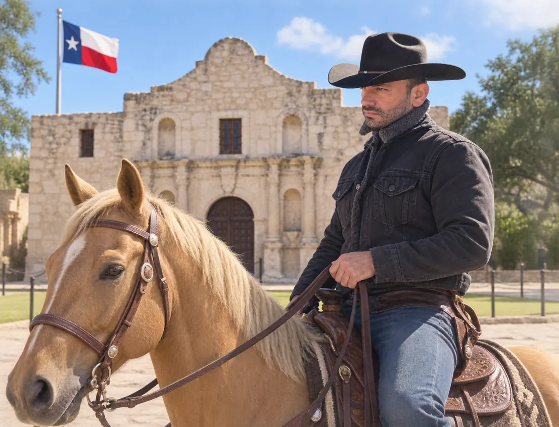 Cowboy riding a horse in front of the Alamo